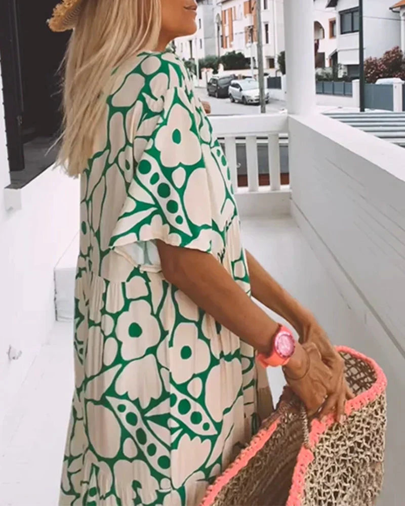 CHRISTINE™ | Lange Zomerjurk met Vloeiende Snit en Elegante Grafische Ontwerp