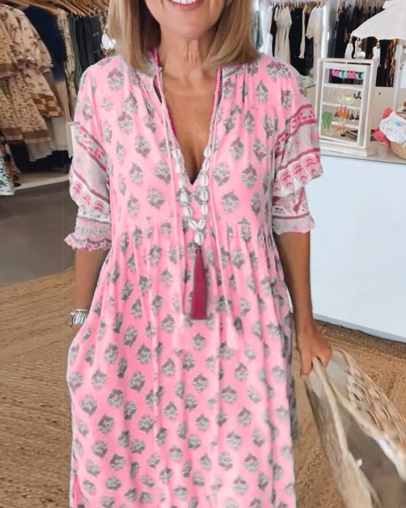 GIULIA™ | Elegante Midi Jurk met V-hals en Ballonmouwen