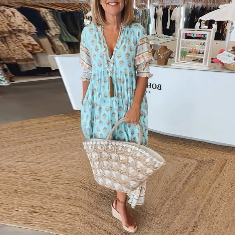 GIULIA™ | Elegante Midi Jurk met V-hals en Ballonmouwen