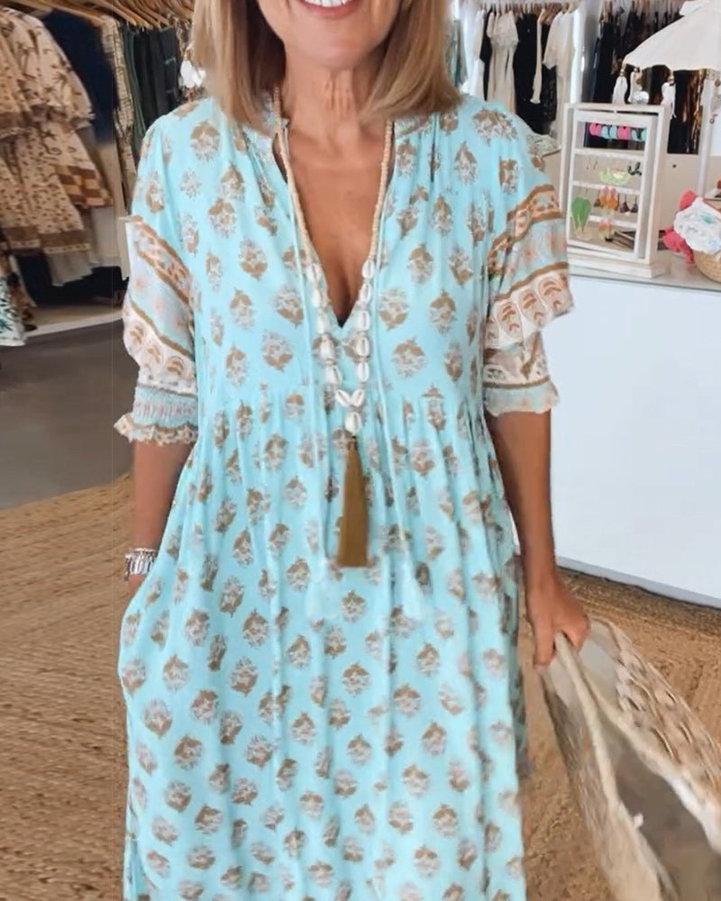 GIULIA™ | Elegante Midi Jurk met V-hals en Ballonmouwen