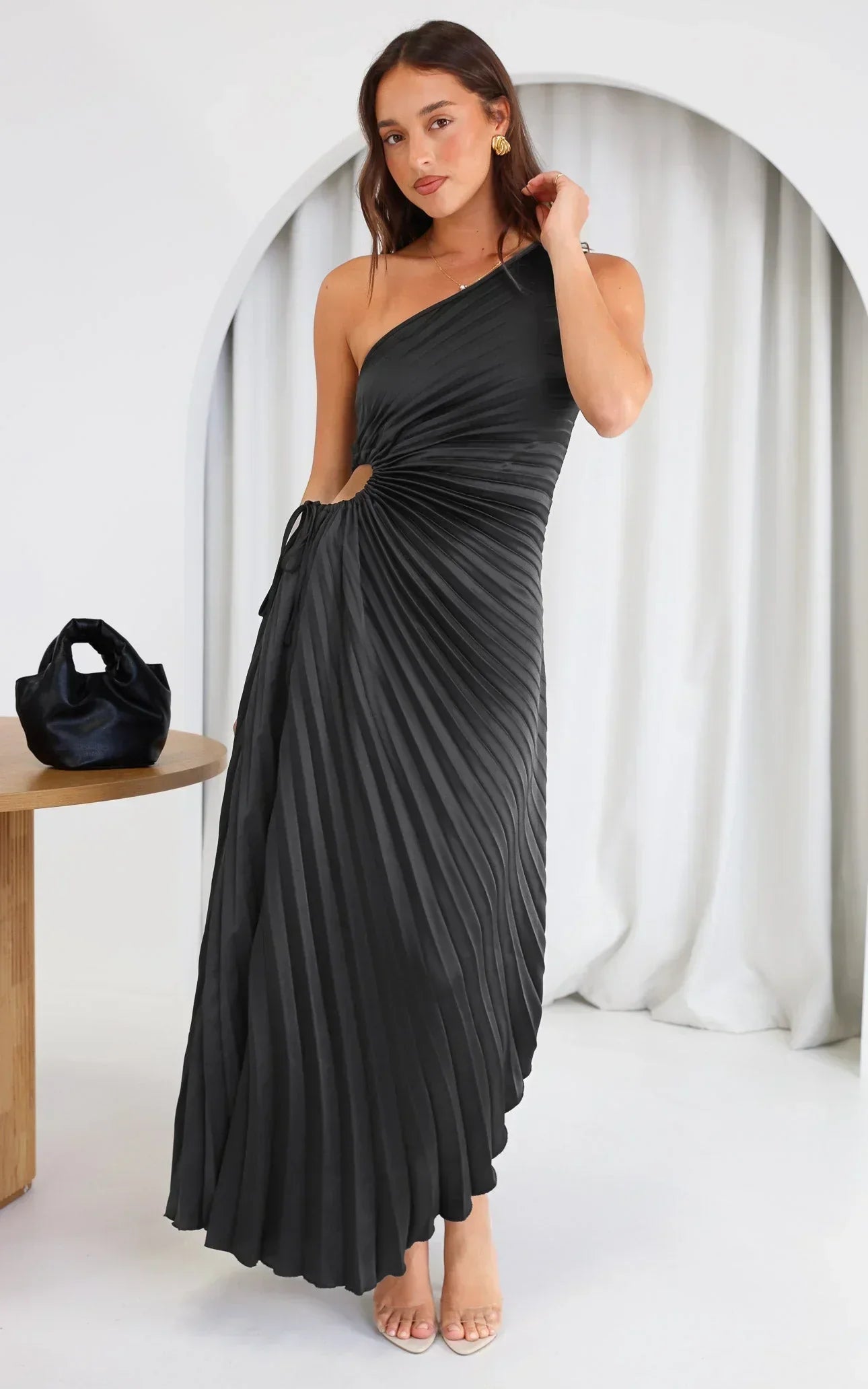 Sylviana™ | Midi Plissé Jurk met Één Schouder