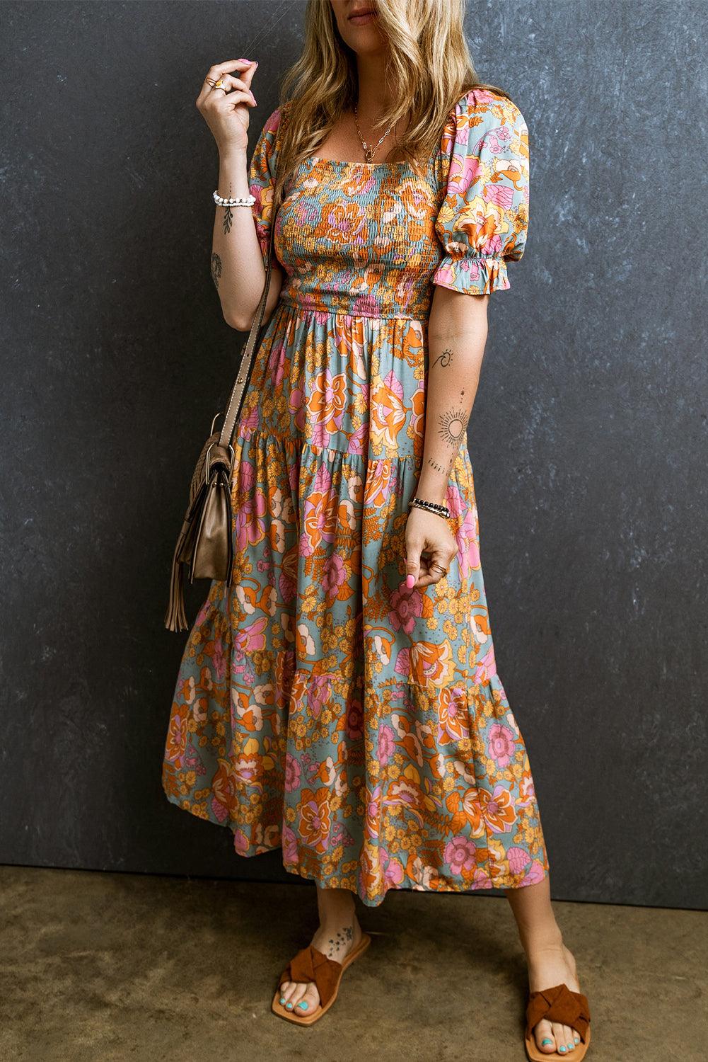 Anaïs™ | Hoge Taille Jurk met Bloemige Rimpelingen en Puff Mouwen