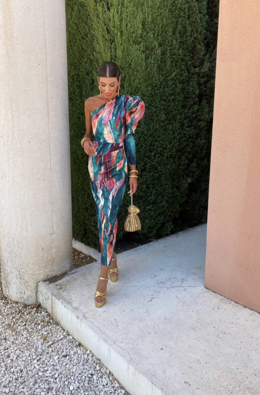 Yllana - Lila Puff-Een-Schouder-Midi-Jurk