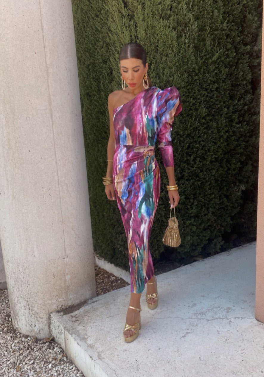 Yllana - Lila Puff-Een-Schouder-Midi-Jurk