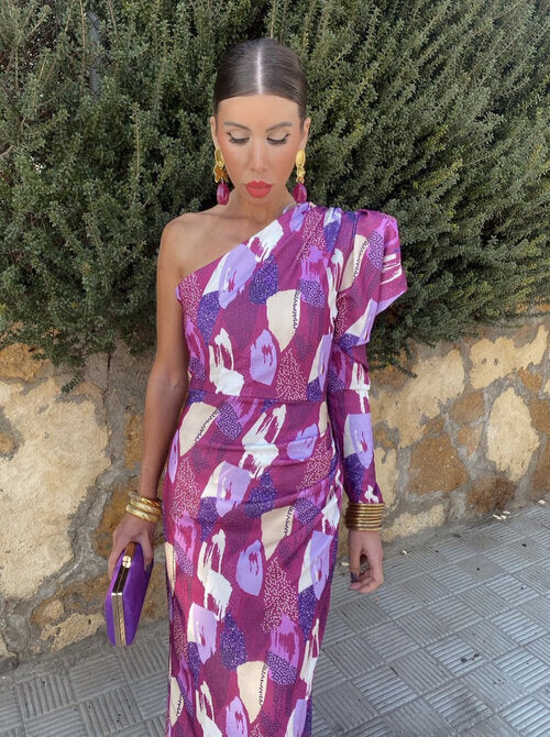 Yllana - Lila Puff-Een-Schouder-Midi-Jurk
