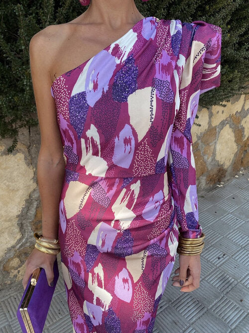 Yllana - Lila Puff-Een-Schouder-Midi-Jurk