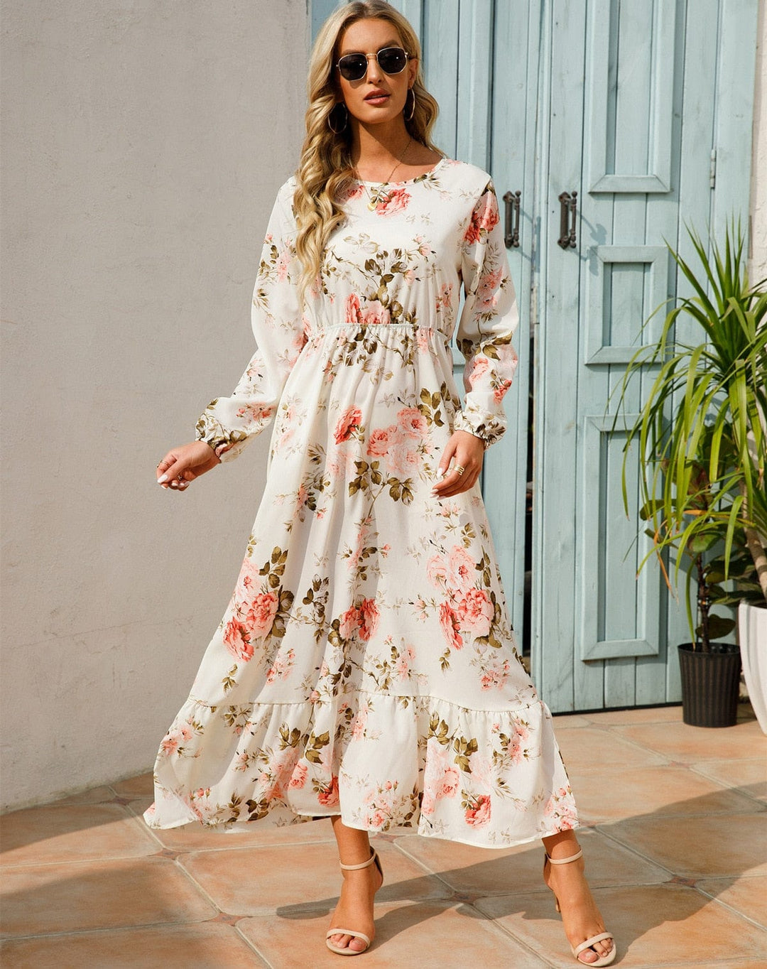 Julia™ | Maxi Jurk Wit met Lange Mouwen en Zomerse Bloemenprint
