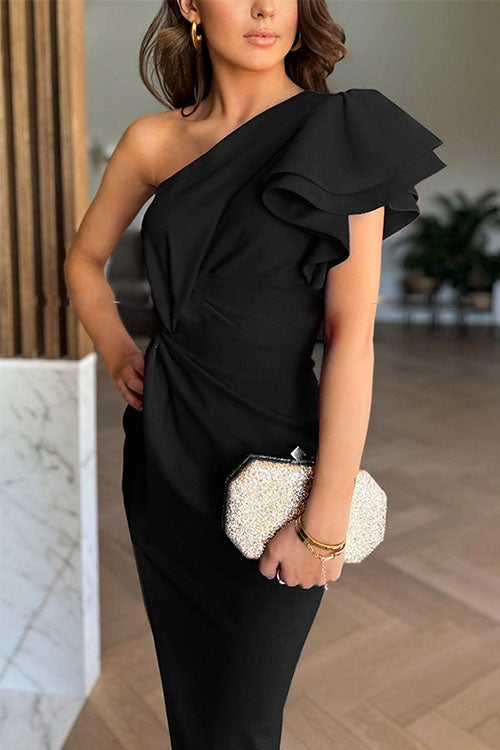 Caz - Off-Shoulder Jurk met Rimpelzoom en Split