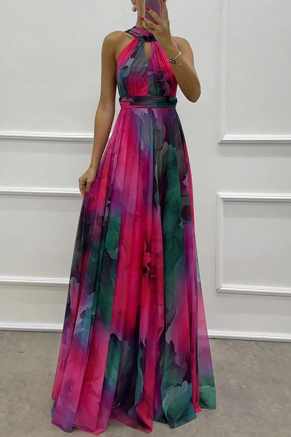 Elaine - Tule-maxi-jurk met bloemenprint, uitsparingen en halternek