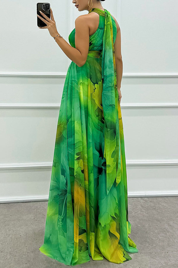 Elaine - Tule-maxi-jurk met bloemenprint, uitsparingen en halternek