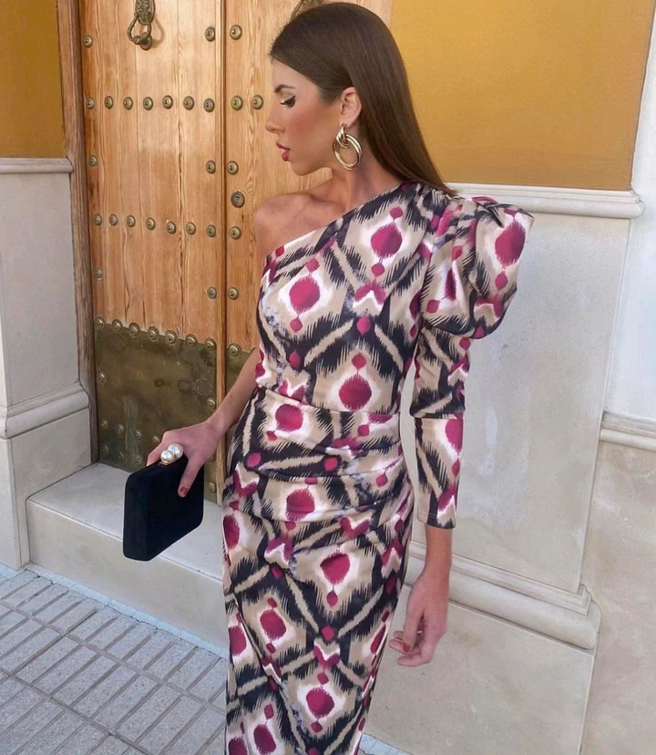 Yllana™ | Midi Lila Jurk met Één Schouder en Ballonmouwen