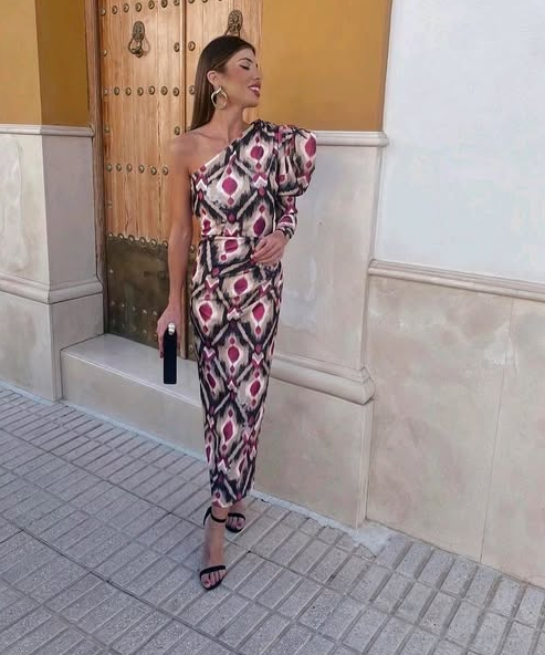 Yllana™ | Midi Lila Jurk met Één Schouder en Ballonmouwen