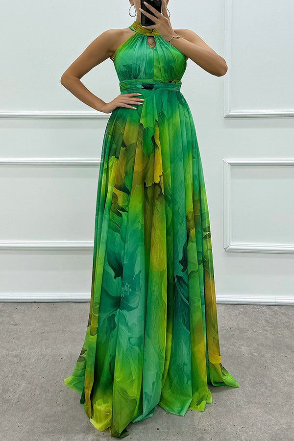 Elaine - Tule-maxi-jurk met bloemenprint, uitsparingen en halternek