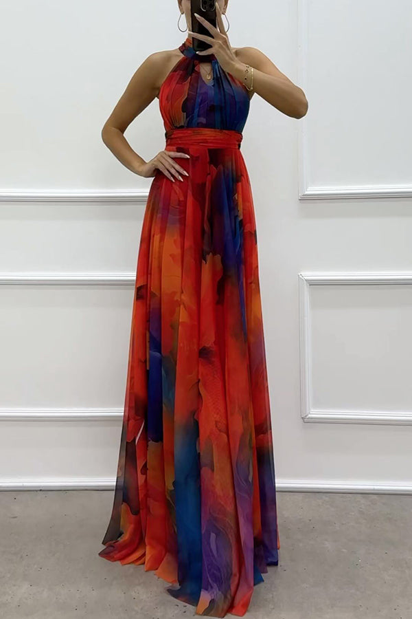 Elaine - Tule-maxi-jurk met bloemenprint, uitsparingen en halternek