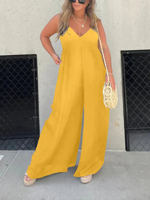 Mara - V-Hals Moeiteloze Wijde Pijpen Jumpsuit