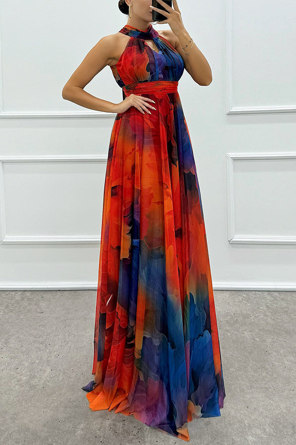 Elaine - Tule-maxi-jurk met bloemenprint, uitsparingen en halternek