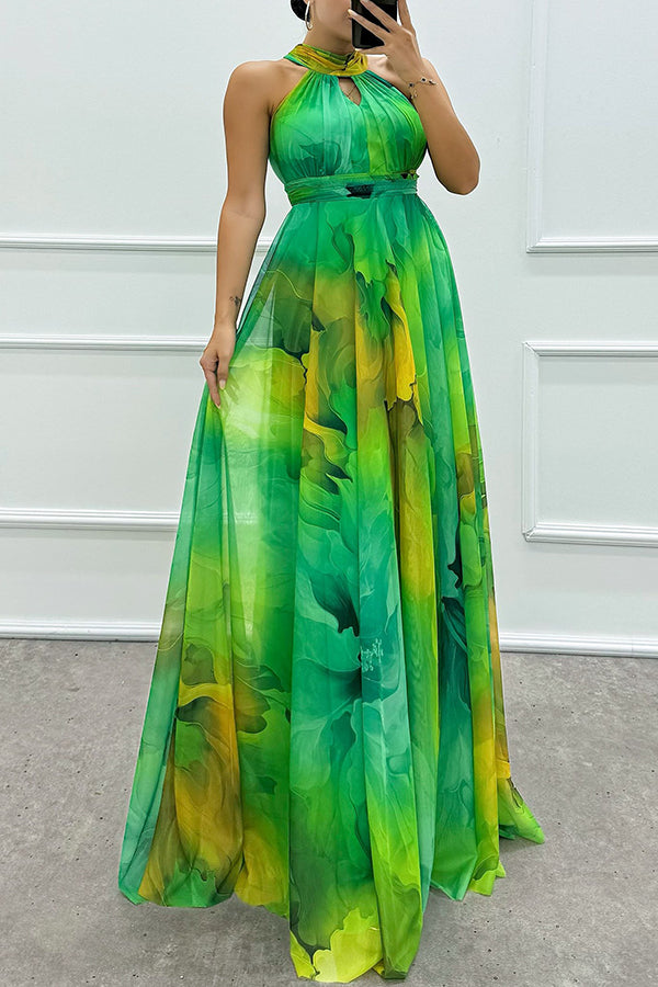Elaine - Tule-maxi-jurk met bloemenprint, uitsparingen en halternek