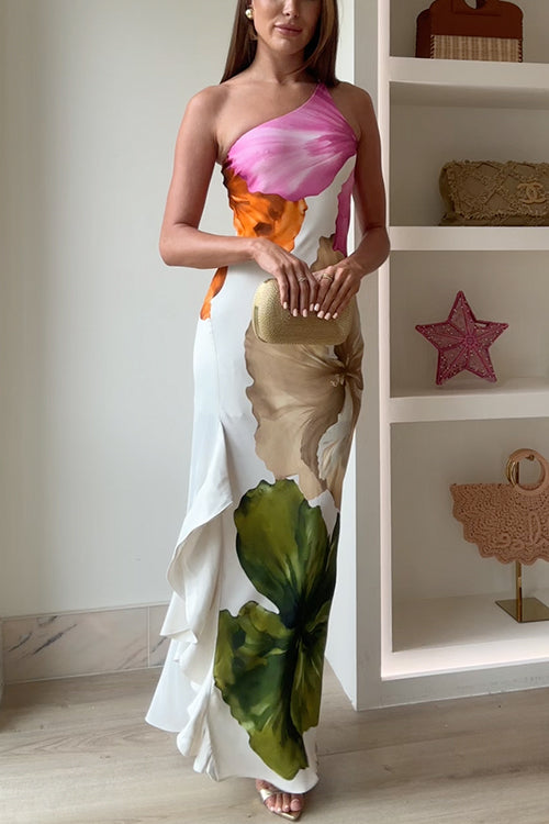 Ivy - Schouderloos Maxikleed met Bloemenpatroon, Drapering en Beenopening