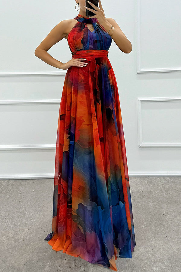 Elaine - Tule-maxi-jurk met bloemenprint, uitsparingen en halternek