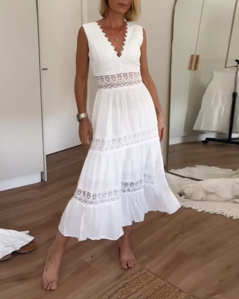 ALYSSA™ | Mouwloze Midi Jurk met V-hals en Verfijnde Kantdetails
