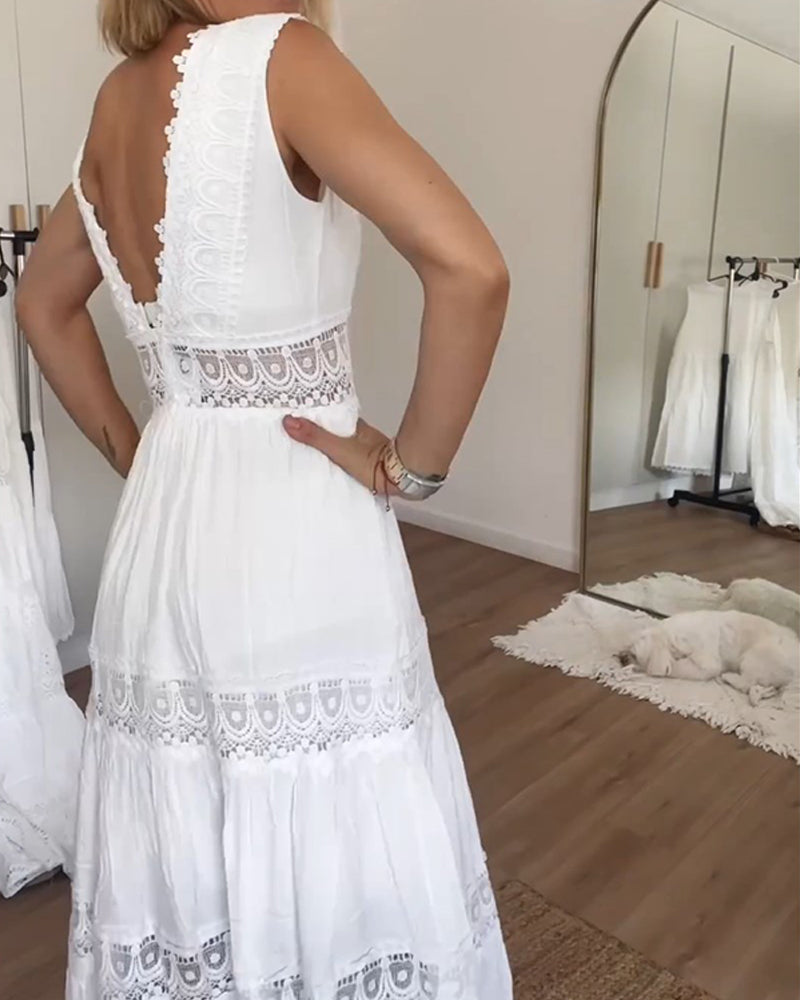 ALYSSA™ | Mouwloze Midi Jurk met V-hals en Verfijnde Kantdetails