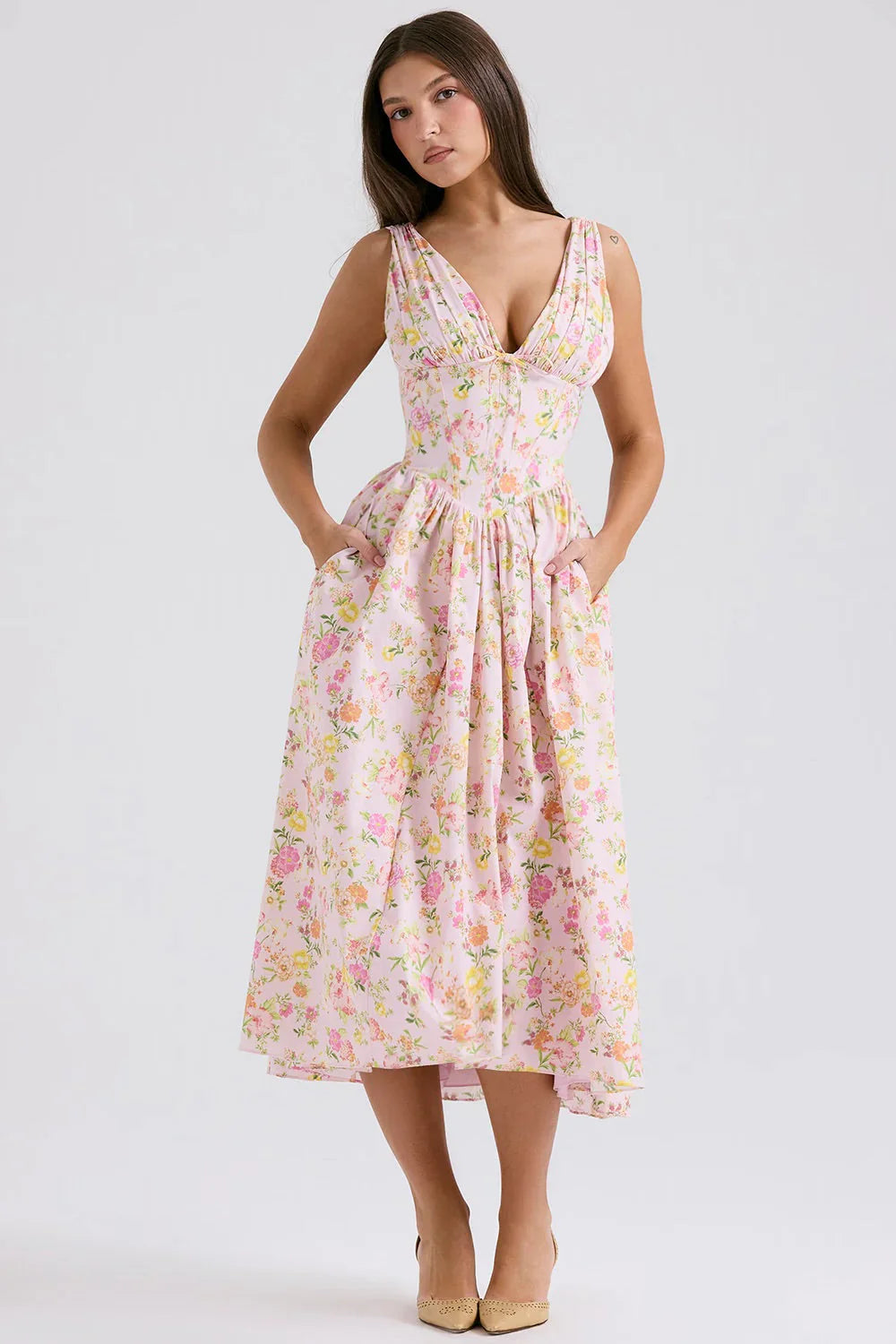 Ariana - Midi-jurk met V-hals, corset en uitlopende rok