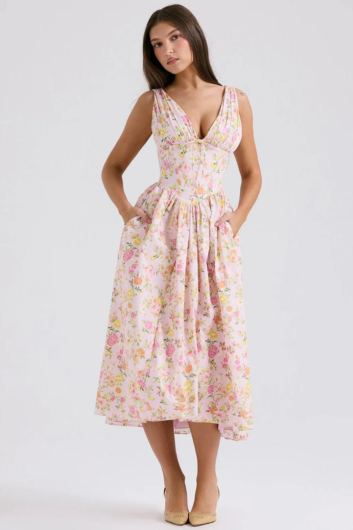 Ariana - Midi-jurk met V-hals, corset en uitlopende rok