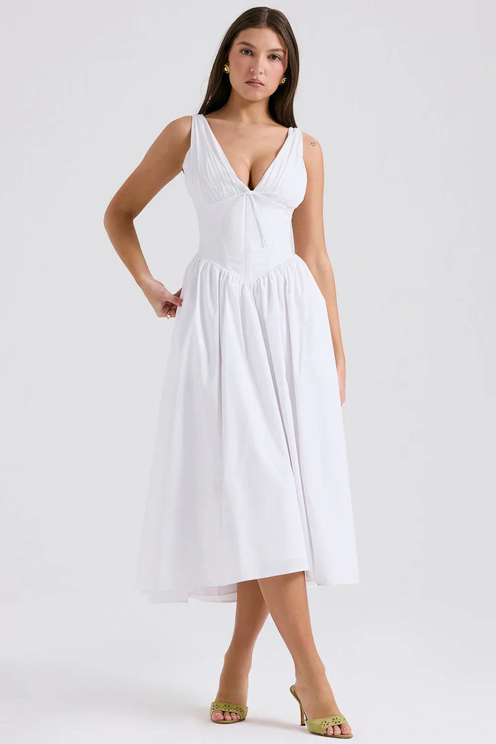 Ariana - Midi-jurk met V-hals, corset en uitlopende rok