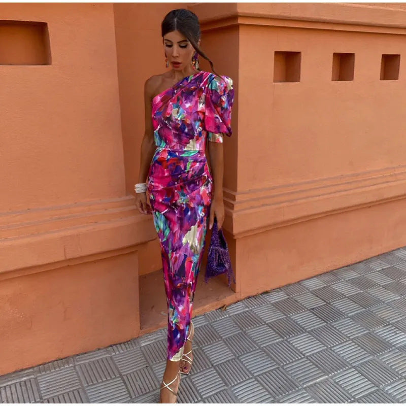 Yllana - Lila Puff-Een-Schouder-Midi-Jurk