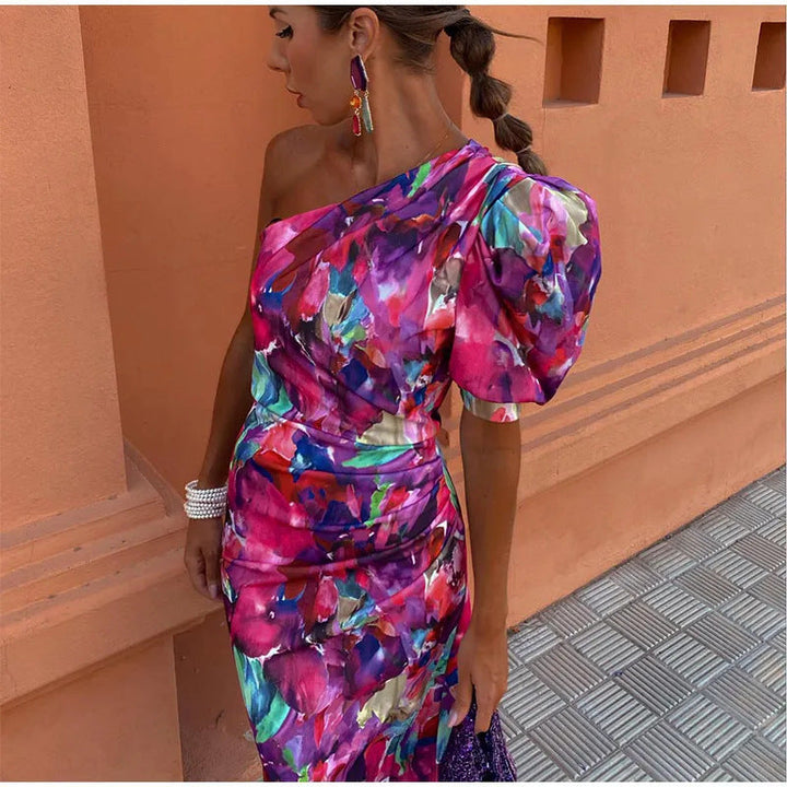 Yllana™ | Midi Lila Jurk met Één Schouder en Ballonmouwen