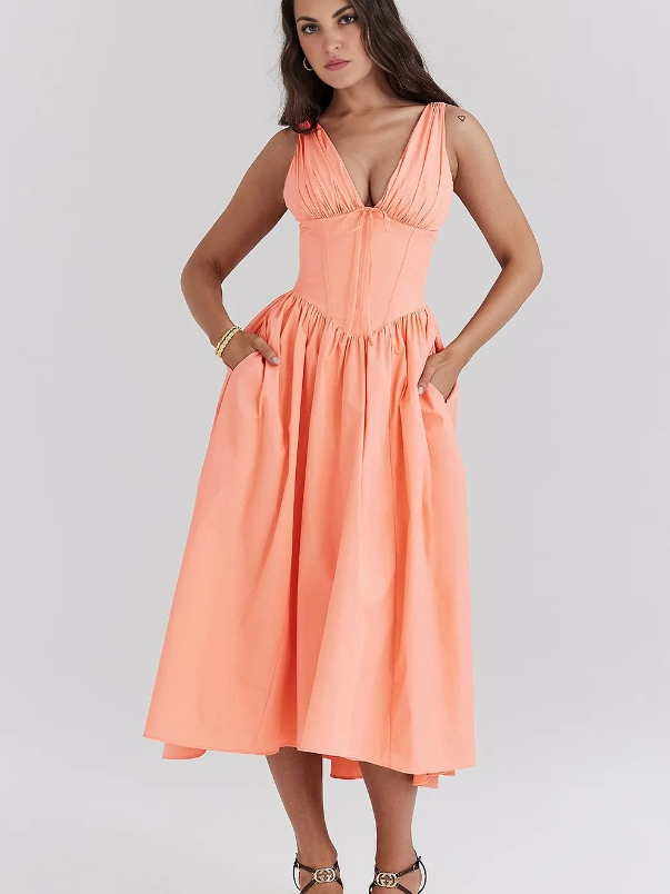 Ariana - Midi-jurk met V-hals, corset en uitlopende rok