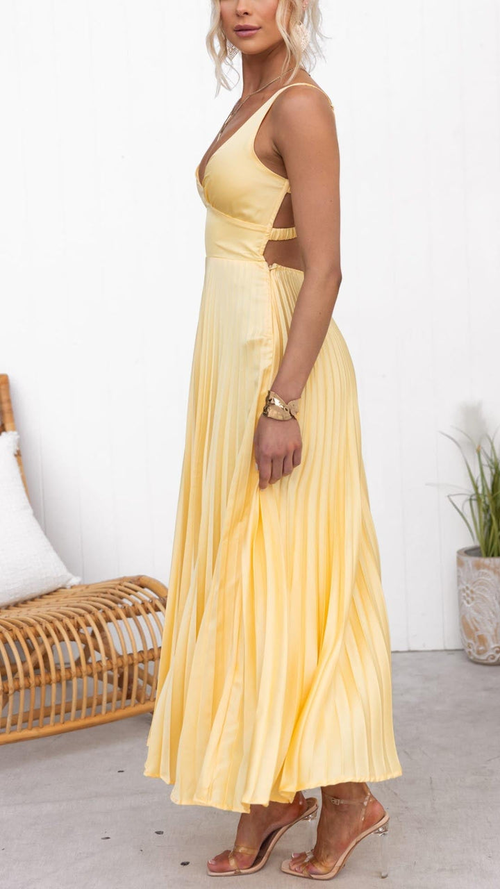 Aby™ | Gele Maxi Plissé Jurk met V-hals
