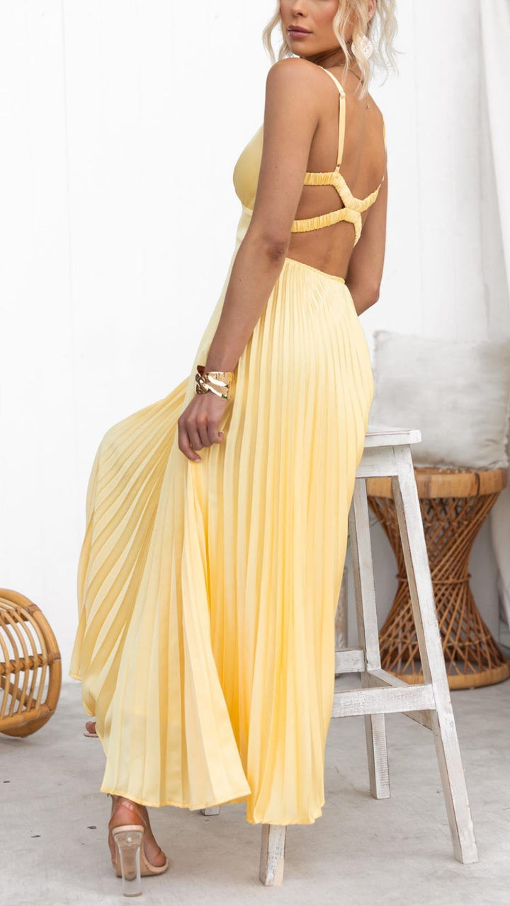 Aby™ | Gele Maxi Plissé Jurk met V-hals