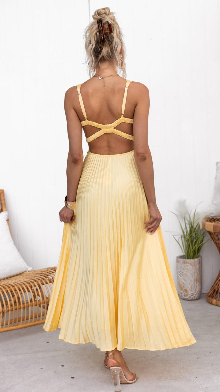 Aby™ | Gele Maxi Plissé Jurk met V-hals