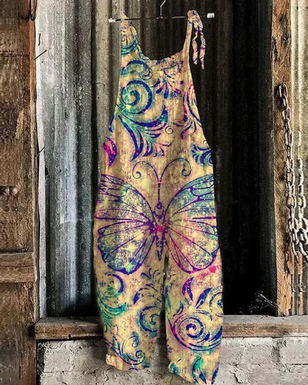 Vintage Dames Salopette met Vlinderprint - Comfort en Stijl voor Elke Gelegenheid