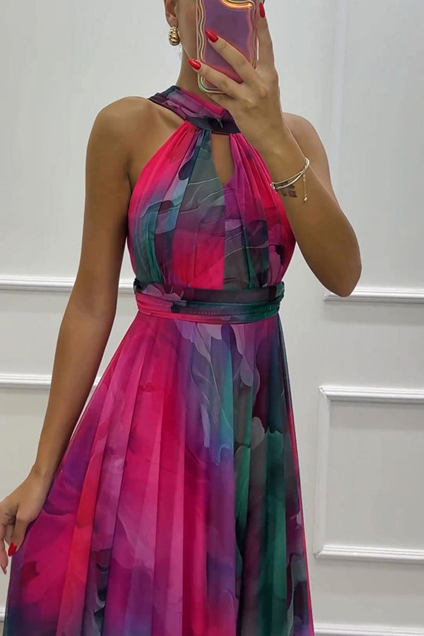 Elaine - Tule-maxi-jurk met bloemenprint, uitsparingen en halternek