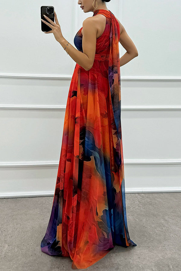 Elaine - Tule-maxi-jurk met bloemenprint, uitsparingen en halternek