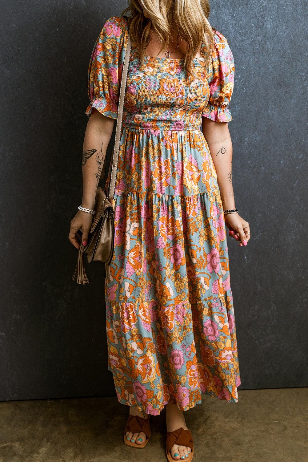 Anaïs™ | Hoge Taille Jurk met Bloemige Rimpelingen en Puff Mouwen