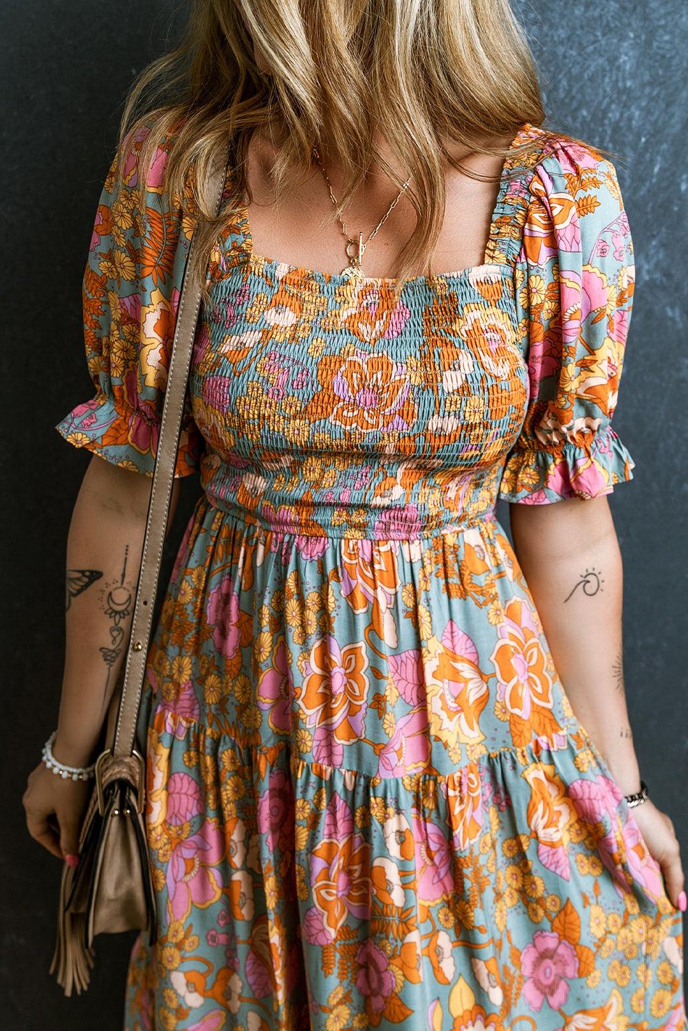 Anaïs™ | Hoge Taille Jurk met Bloemige Rimpelingen en Puff Mouwen