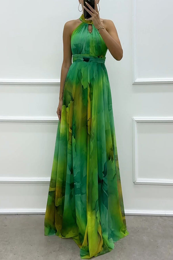 Elaine - Tule-maxi-jurk met bloemenprint, uitsparingen en halternek