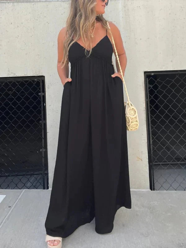 Mara - V-Hals Moeiteloze Wijde Pijpen Jumpsuit