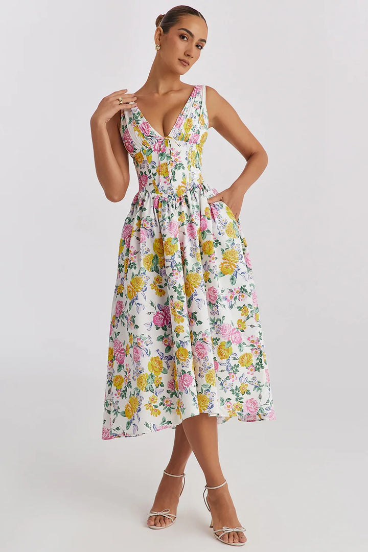 Ariana - Midi-jurk met V-hals, corset en uitlopende rok