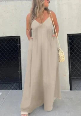 Mara - V-Hals Moeiteloze Wijde Pijpen Jumpsuit