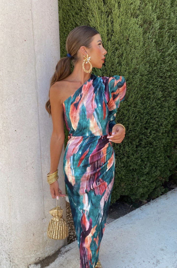 Yllana™ | Midi Lila Jurk met Één Schouder en Ballonmouwen