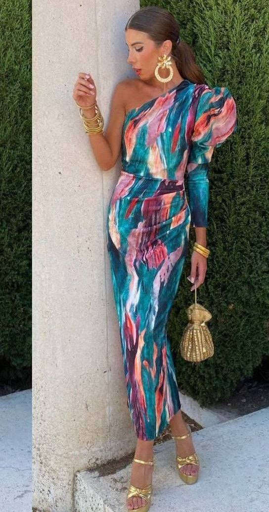 Yllana™ | Midi Lila Jurk met Één Schouder en Ballonmouwen