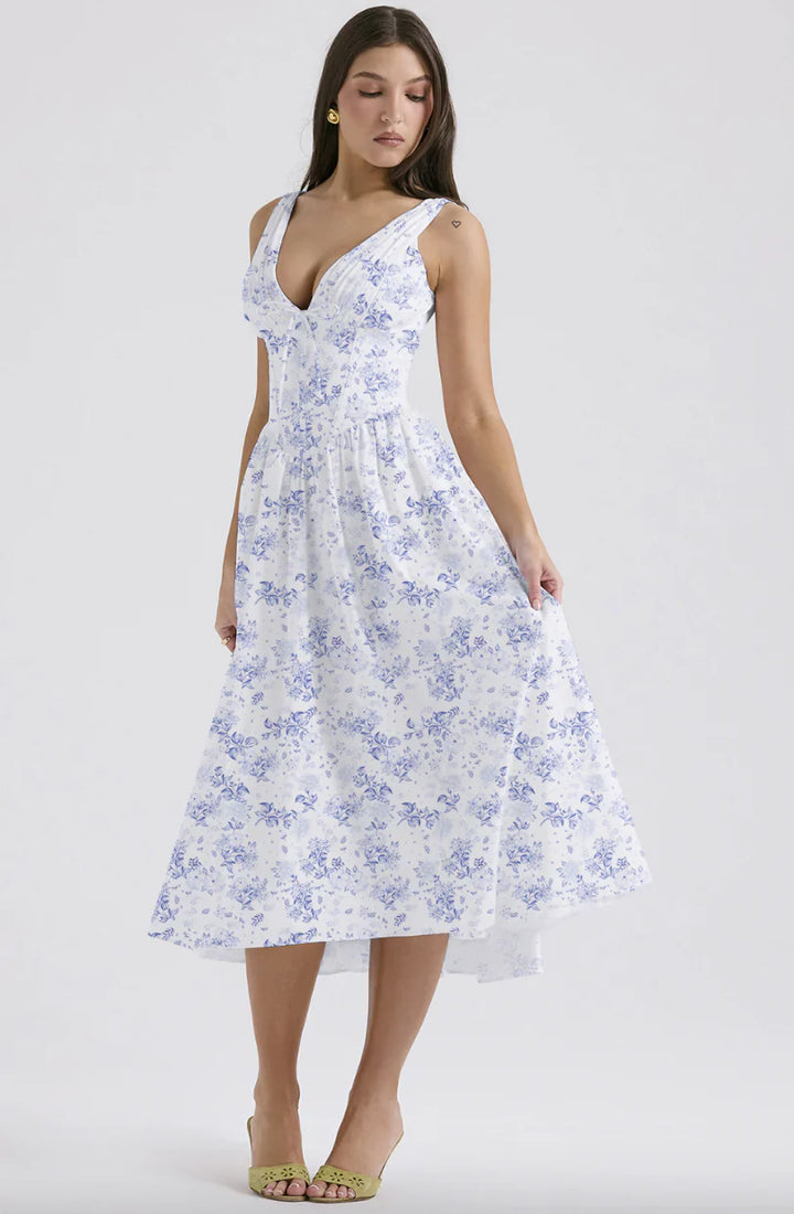 Ariana - Midi-jurk met V-hals, corset en uitlopende rok