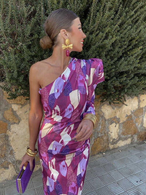 Yllana™ | Midi Lila Jurk met Één Schouder en Ballonmouwen