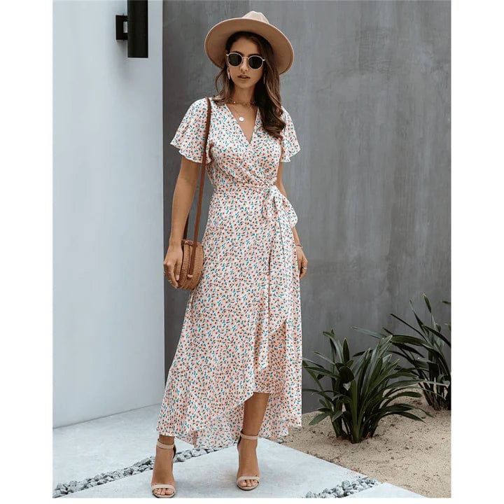 Myrthe™ | Lange Ibiza Stijl Jurk Roze met Print