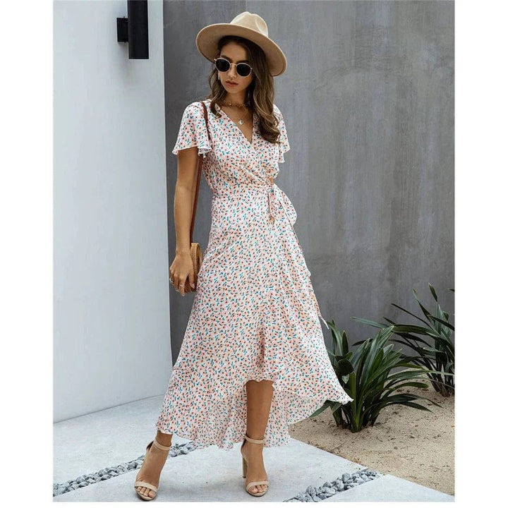 Myrthe™ | Lange Ibiza Stijl Jurk Roze met Print
